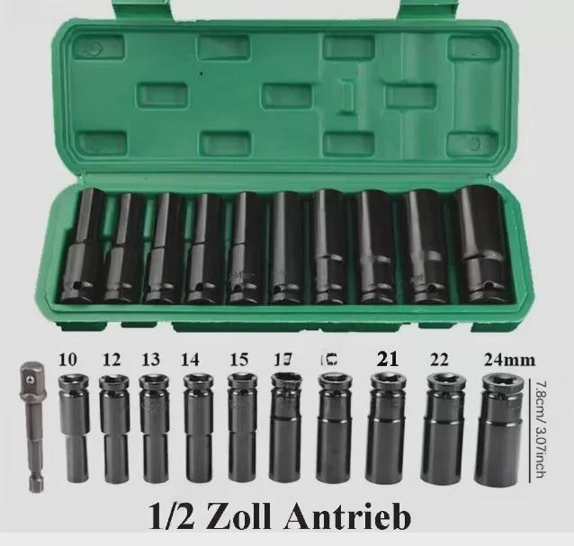 10-Piece Pneumatic Air Gun Extended Hex Socket Set (8-24mm)