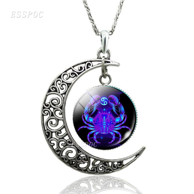 12 Constellation Necklace Zodiac Signs Cabochon Glass Crescent Moon Pendant Clavicle Chain Necklace Birthday Gifts for Women