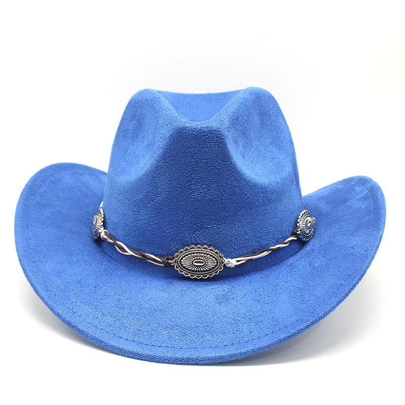 Semišový Upturned Edge Western Cowboy Klobouk Muži a ženy Outdoorový cestovní klobouk Rolled Brim Etnický styl Cylindr Plstěný klobouk