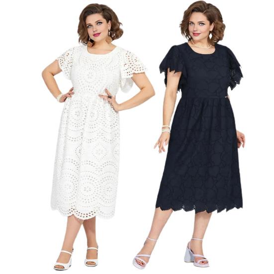 Damen Kleid Übergröße Rundhalsausschnitt Aushöhlen Stickerei Spitze Schlanke Passform Einfarbig Kurze Ärmel Pendeln Formelle Party Abschlussball Sommer Midikleid