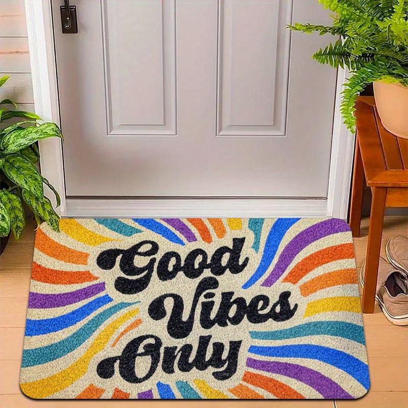 Rainbow Stripe Style Good Vibes Only Print Non-Slip Floor Mat Washable Decorative Area Rug for Entryway Living Room Bedroom