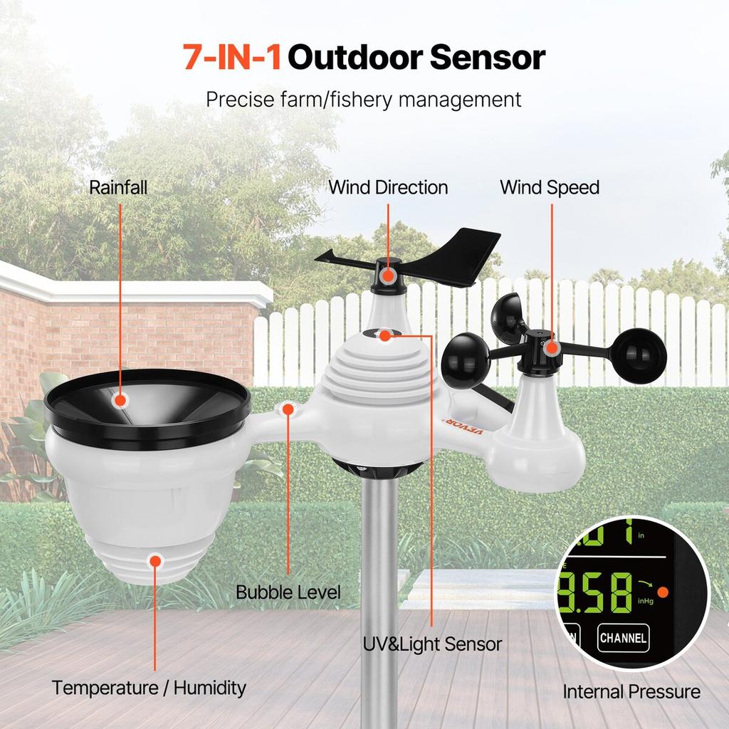 7-in-1 Wireless Weather Station, 7.5 in Large Color Display, Digital Home Weather Station Indoor Outdoor, for Temperature Humidity Wind
