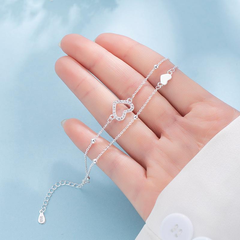 925 Silver Double Love Heart Hollow Round Beads Bracelet Female Fashion Romantic Jewelry Classic Adjustable