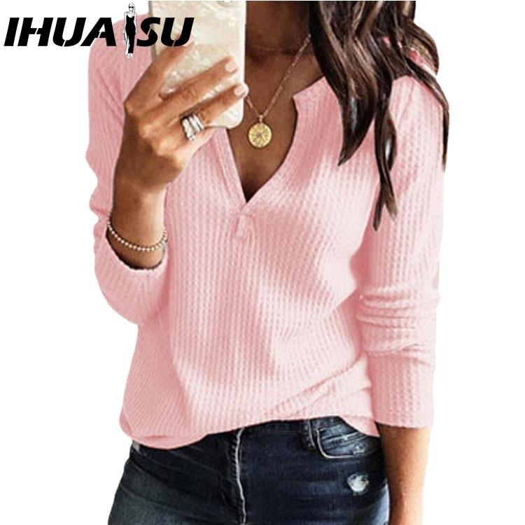 

IHUASU Women s Autumn Winter Waffle Knit V-neck Long Sleeve Top T Marlet XXXXXL червоний