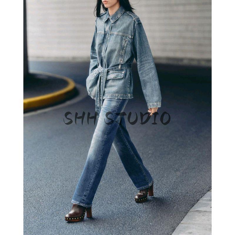 Belt Long Denim Jacket Coat 5252271 Straight-leg Loose High Waist Curl Denim 4725231
