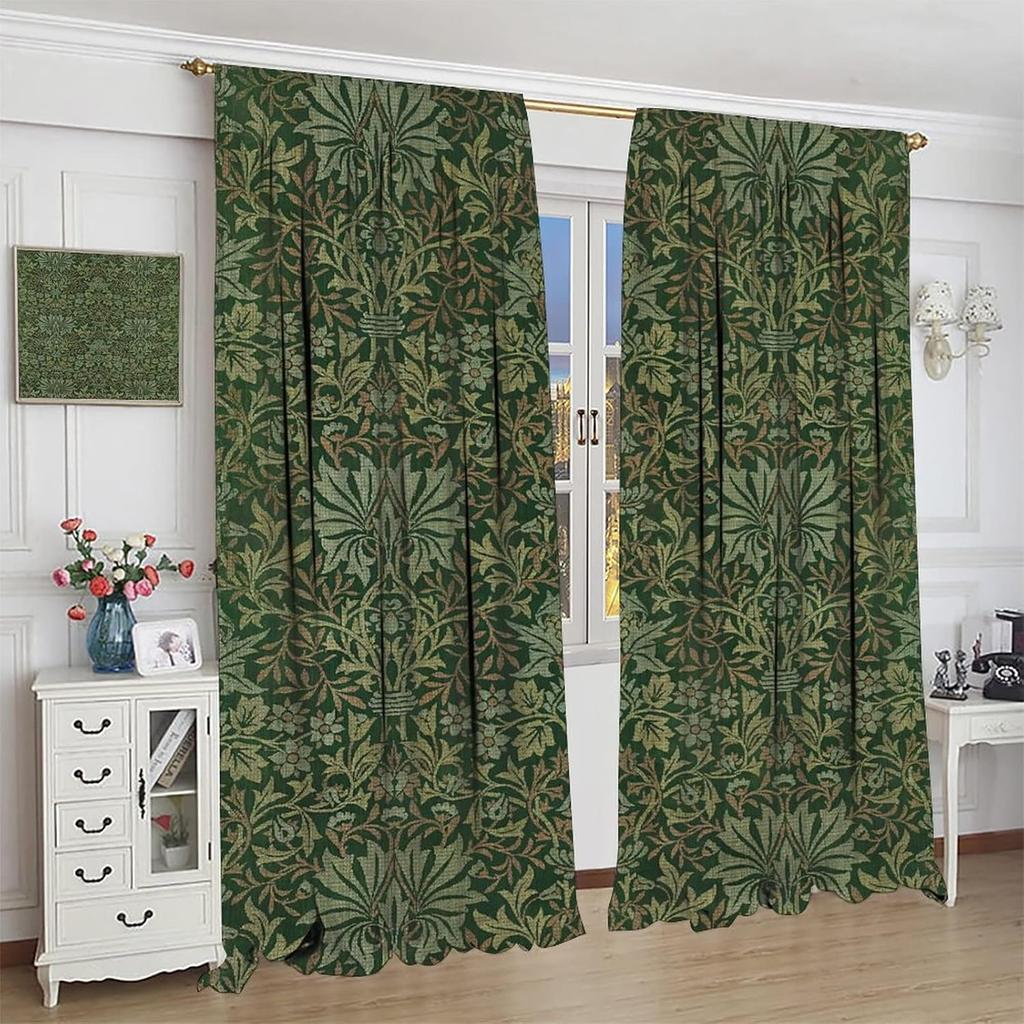 Bohemia Art Blackout Window Curtains   William Morris Original Design Green Garden Vintage Curtains   for Living Room Bedroom 21(W