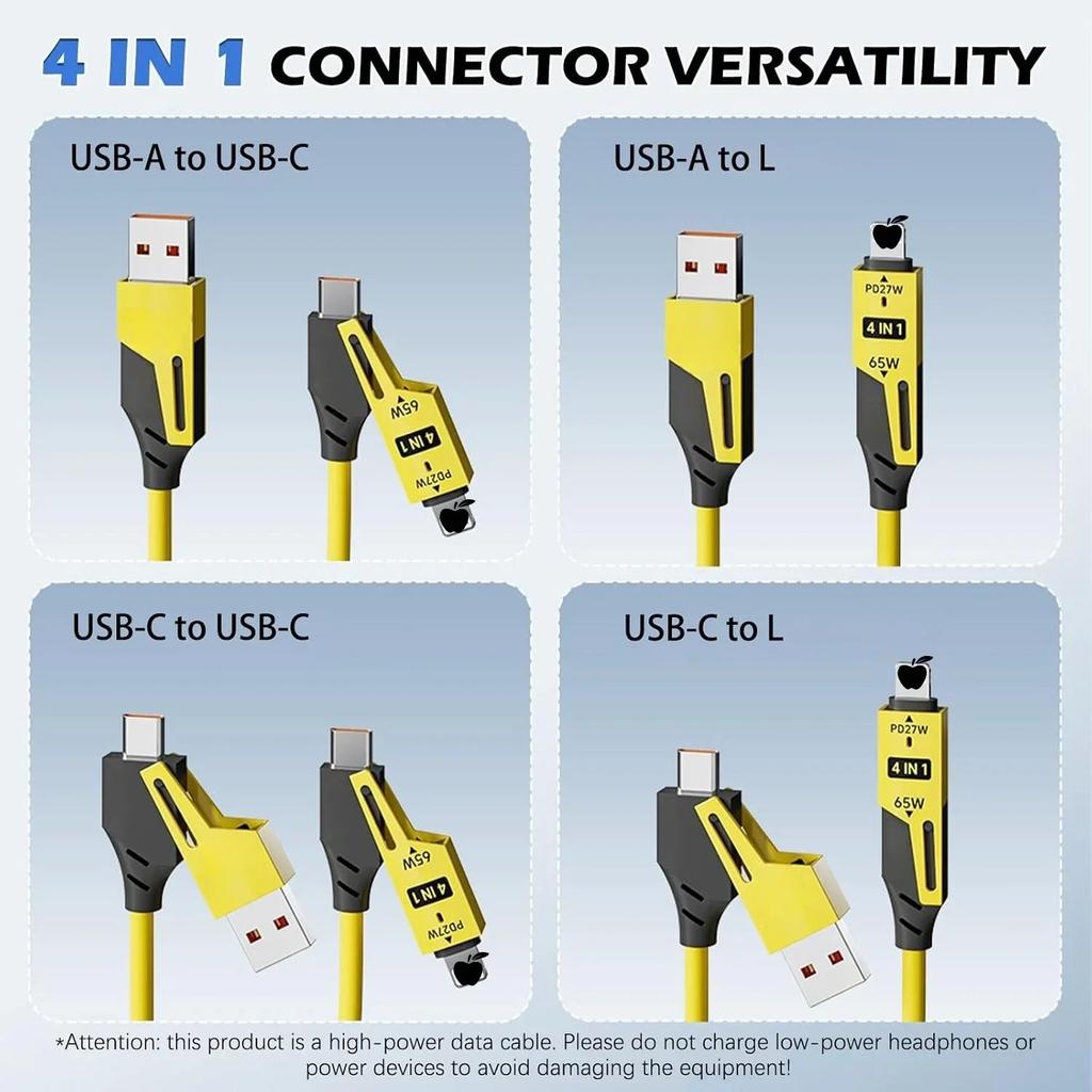 Retractable 4-in-1 Fast Charging Cable 65W USB-C PD 1 2m Spring Charger for iPhone iPad Android Laptops
