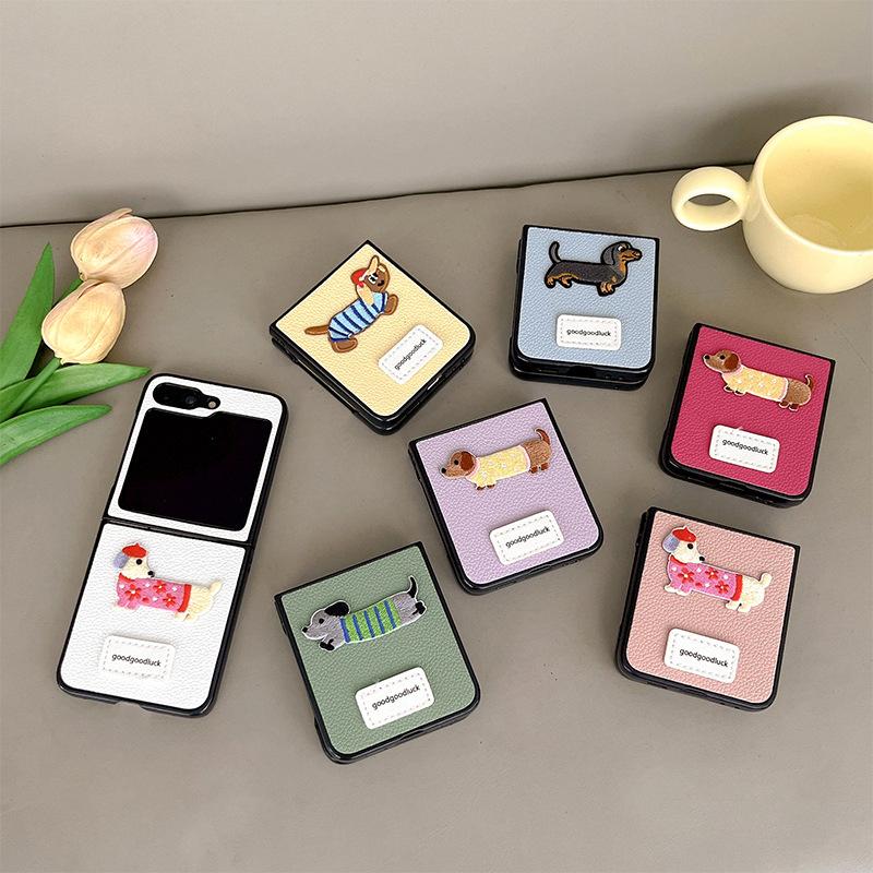 Cartoon Puppy Leather Phone Case for Samsung Zflip6 Clamshell Folding Screen Findn3Flip Female New Model