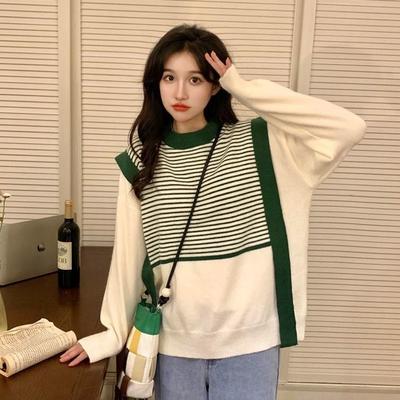 Striped Sweater for Women Autumn Winter Design Sense Niche Soft Texture Outer Wear Loose Crew Neck Knit Top