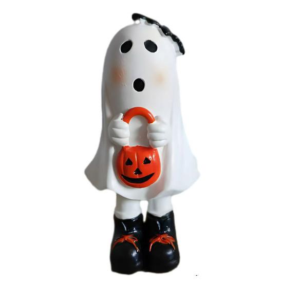 Halloweenská figurka ducha Roztomilá malá bílá soška ducha Stolní ozdoby ducha Pryskyřičné řemesla pro vnitřní venkovní verandu Domácí stolní dekorace