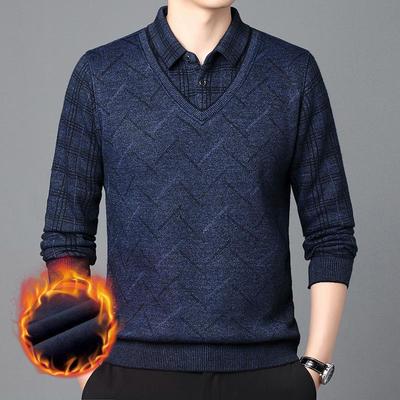 Men's Plus Velvet Thick Knit Sweater with Faux Two-Piece Shirt Collar - Long-Sleeved, Ideal for Middle-Aged and Elderly Dads