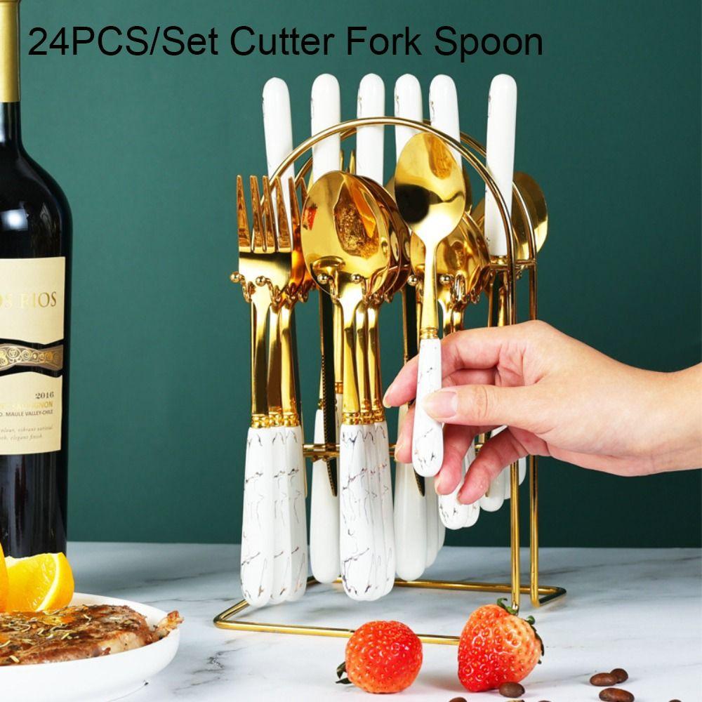24pcs Stainless Steel Marbled Tableware Set Nordic Style Dessert Dinnerware Suit  Restaurant