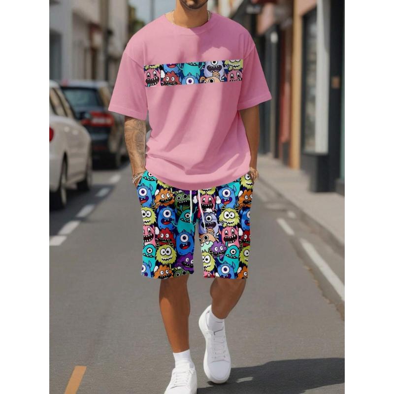 Traje de Moda Estampado 3D de Coco Hawaiano Cuello Redondo para Hombre Casual Diario Manga Corta y Pantalones Cortos Traje de Moda Urbana Harajuku