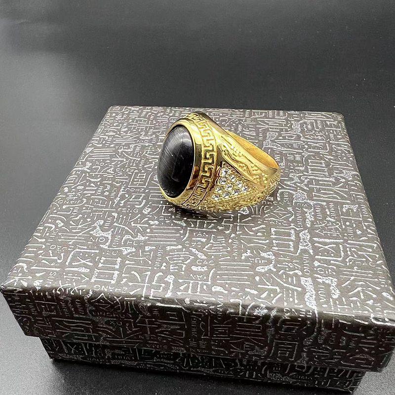 Stainless Steel Hip-hop Gold-plated Rhinestone Cat Eye Stone Men's Ring