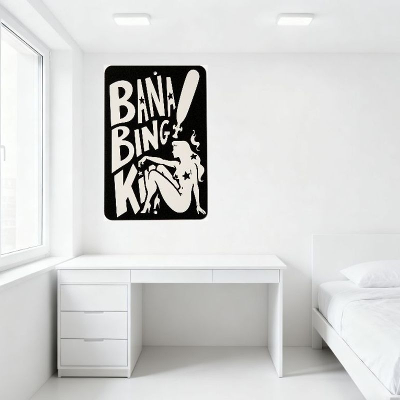 Bana Bing Kit Black White Tin Sign with Woman Silhouette, Stars, Baseball Bat - Vintage Metal Plaque for Bar Cafe Man Cave Home