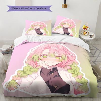 Demon Slayer Pattern Bedding,Quilt Set Quilt Cover Pillowcase Home Birthday Gift (1 * Duvet Cover + 2 * Pillowcase, Without Core)