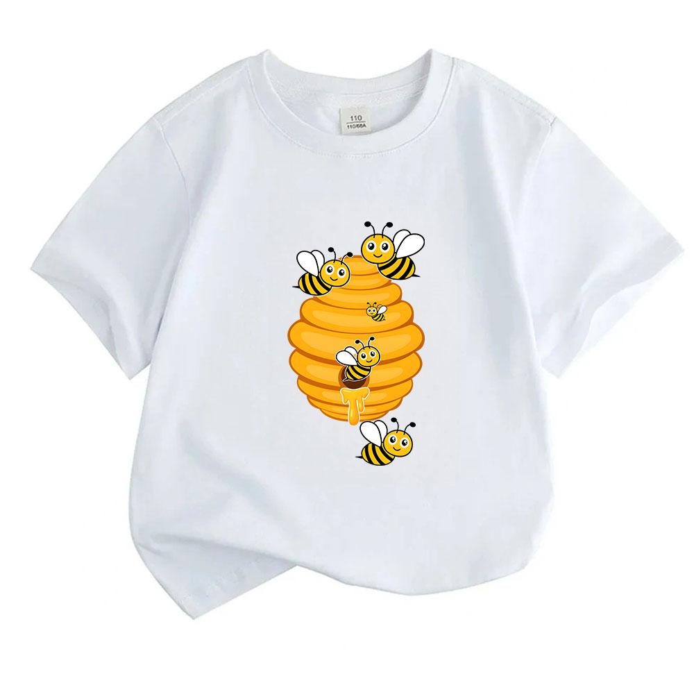 Kids Boys Girls Crew Neck Short Sleeve 100% Cotton T-Shirt, Cute Cartoon Bees Honeycomb Print Casual Soft Breathable Top For Daily Wear Summer Activit