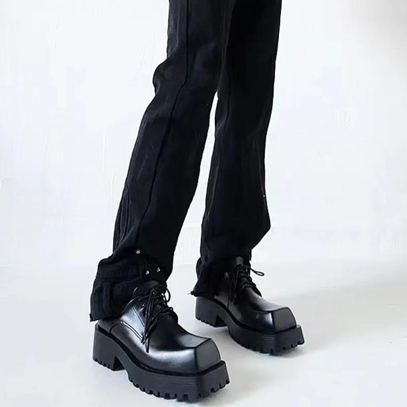 Black Large Square Toe Thick-Soled Chelsea Boots For Men In Autumn And Winter Men And Women New Leather Short Boots