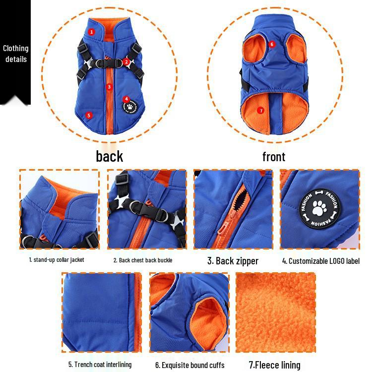 Durable Cotton Dog Jacket with Harness and Leash - Cold-Resistant Pet Outerwear 