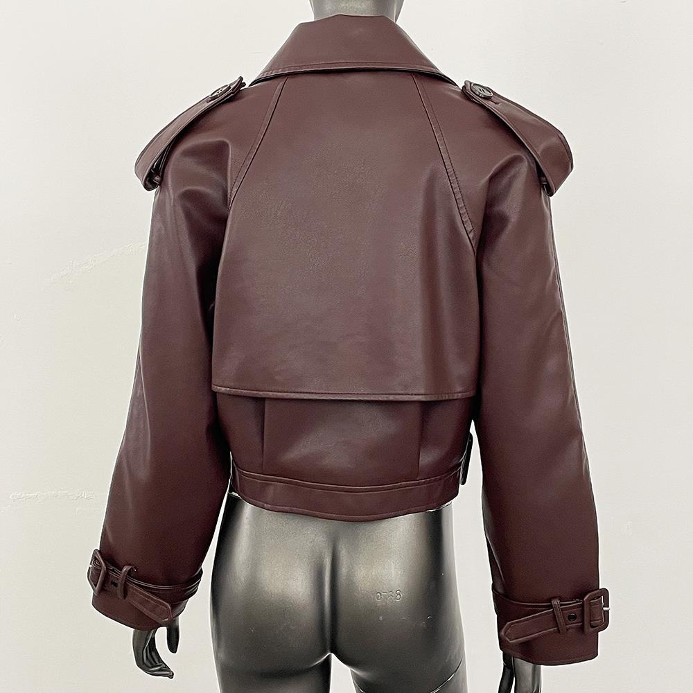 OFTBUY Dámská vintage volná krátká bunda z umělé kůže s páskem na motorku, dámská retro moto bikerská bunda, svrchní prádlo, topy