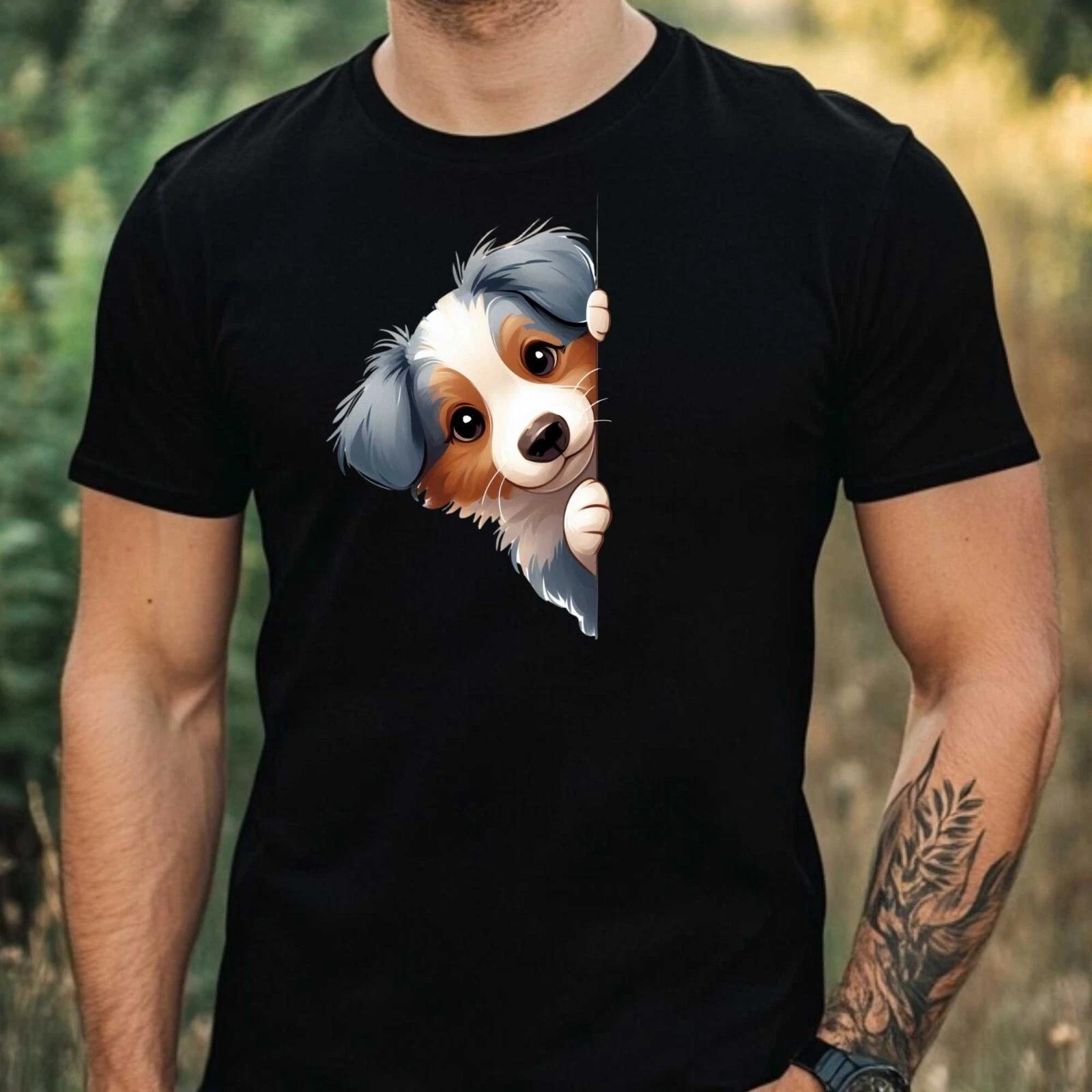 T-Shirt Herren Hund Guckt Herum Motiv Baumwolle Größe XS bis 5XL XXXL