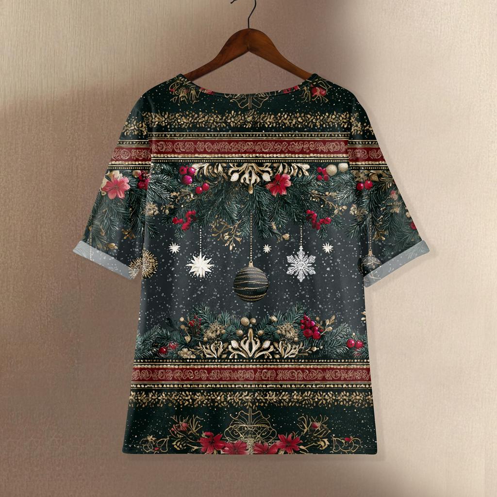 Women's Fashionable And Casual Shirt Half-sleeve Round Neck Print Cotton And Linen Blouse Top