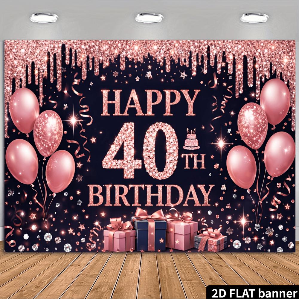 2D Flaches Banner - Hintergrundstoff für die 40. Geburtstagsparty - Schwarzer Hintergrund mit rosa-goldenem Glitzer und goldenem Glanz-Thema