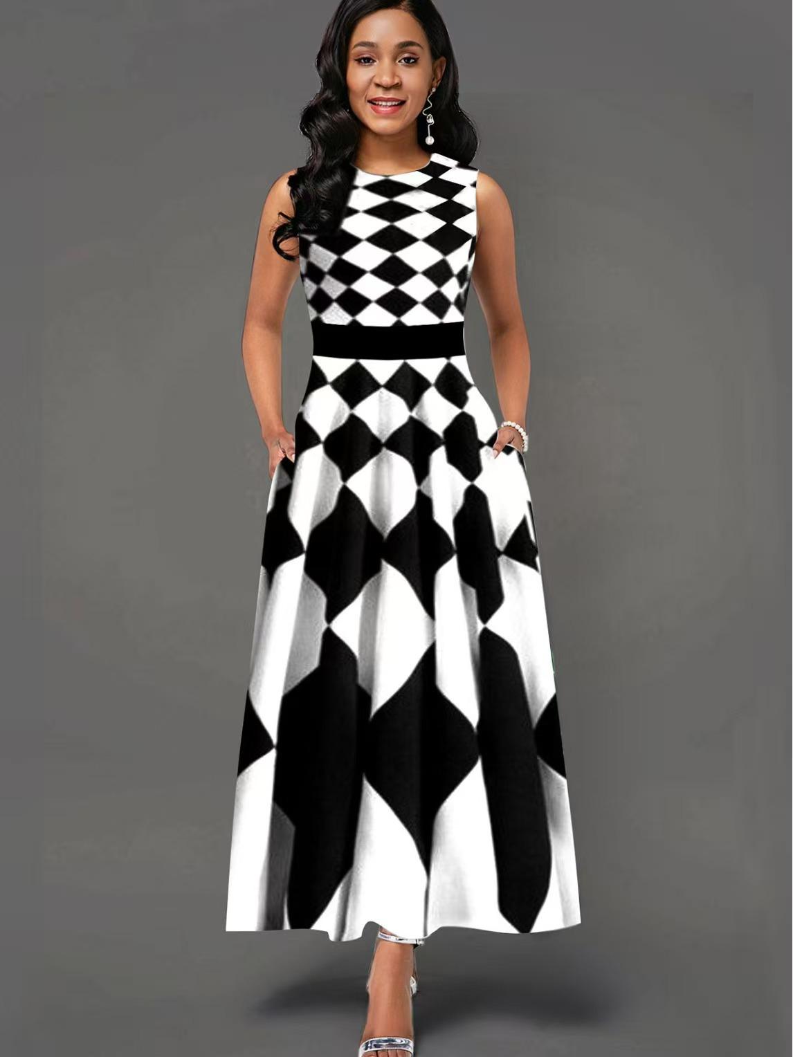 

European & American Plus Size Rhombus Plaid Swing Dress XL чорний