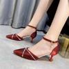Red Satin Wedding Shoes New Korean Version French Pointed Rhinestone One-word Buckle Hollow Women's Single Shoes Stiletto High Heels