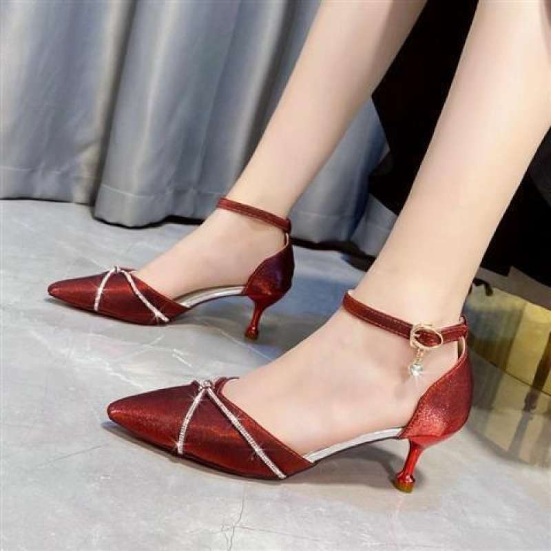 Red Satin Wedding Shoes New Korean Version French Pointed Rhinestone One-word Buckle Hollow Women's Single Shoes Stiletto High Heels