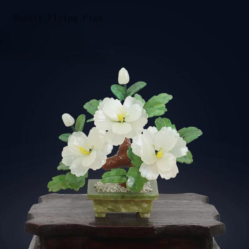 23X10X21CM Chinese Creative Natural Jade Peony Flower Bonsai Decoration Home Living Room Jade Carving Crafts