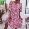 Print V Neck Dress Women Casual Loose Boho Beach Holiday Dress