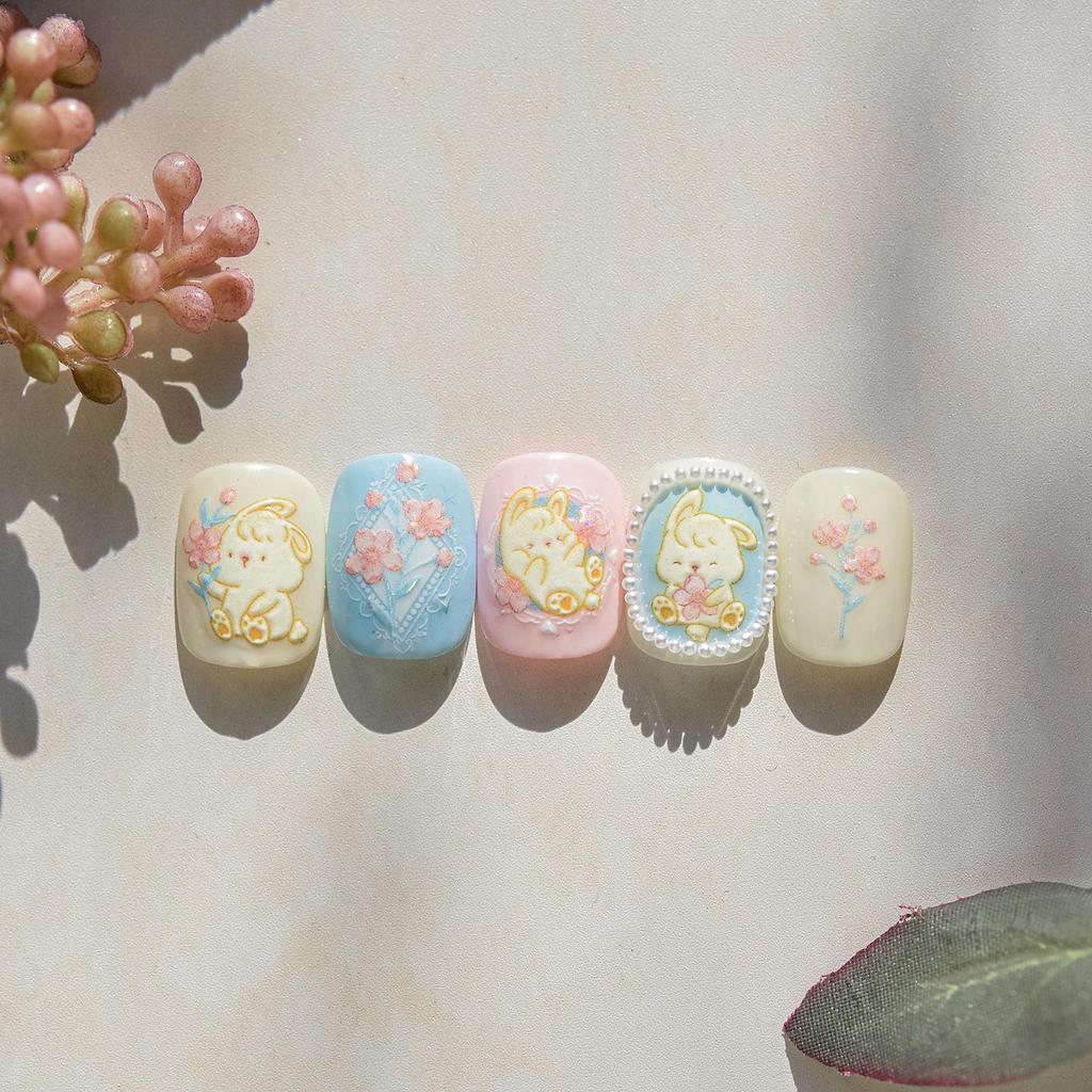 Tomoni 3D Geprägte Pfirsichblüte & Hase Nagelkunst Aufkleber - Japanischer Hot Style.
