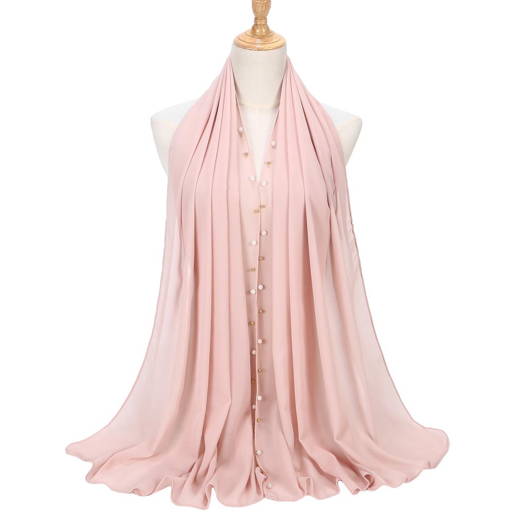 Women's Solid Chiffon Pearl Scarf, Elegant Beaded Hijab Shawl, Muslim Headscarf for Daily/Party