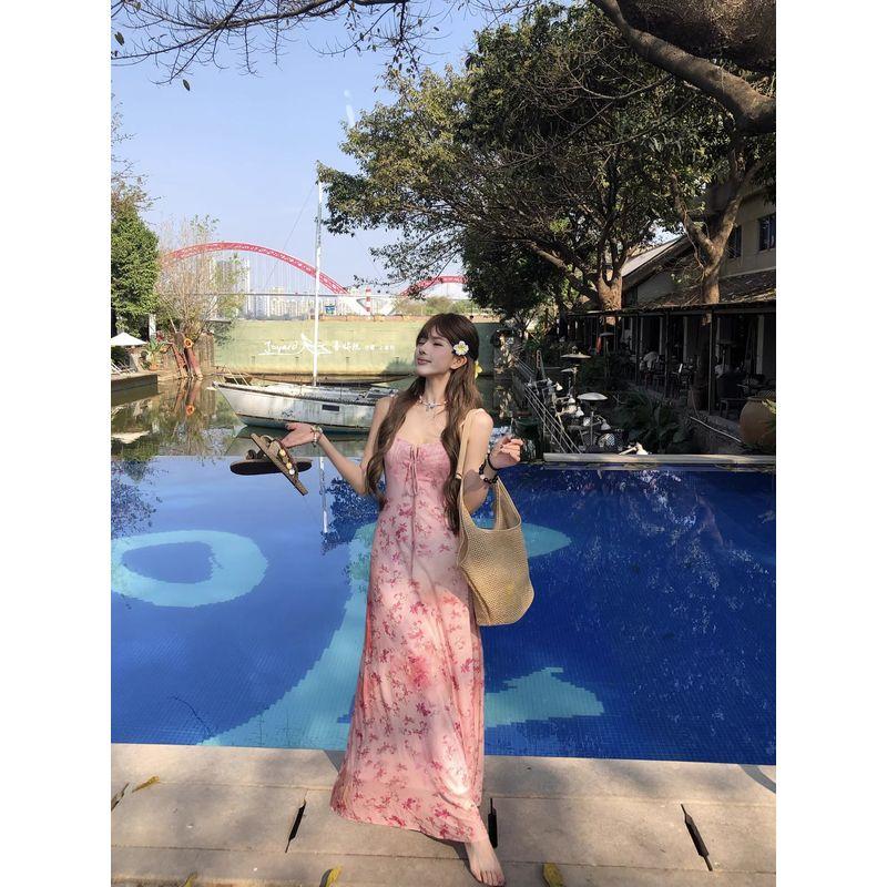 Kumikumi Holiday Style Pink Floral Sling Dress Women Summer Age-Reducing Chic Slim Fit Slimming Long Skirt