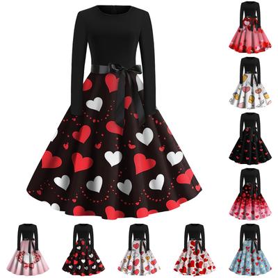 Women's Fashion Round Casual Slim Fit  Print Large Swing Long Sleeve Dress