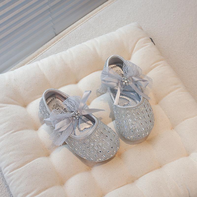 Spring New Girls Sweet Princess Shoes Bow Rhinestone Foreign Style Shallow Mouth Leather Shoes Fashion Children's Crystal Shoes