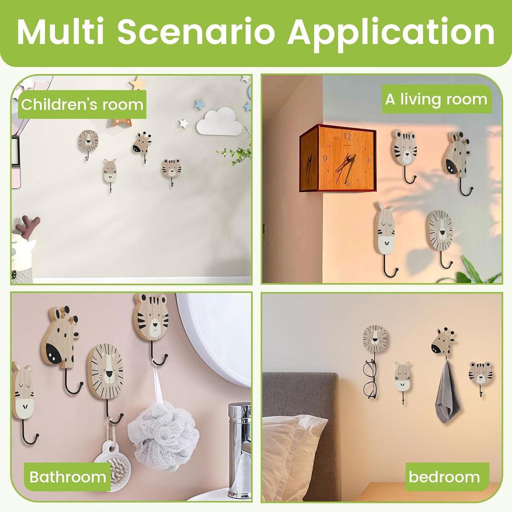 Cute Animal Wooden Wall Hook Children’s Room Decorative Hook Brown 4PCS