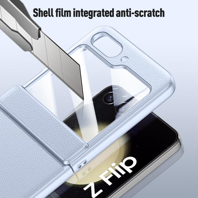For Galaxy Flip5 5G Luxury Leather Tempered Glass Film Case for Samsung Galaxy Z Flip 5 Flip5 Hinge Protection Cover Capa