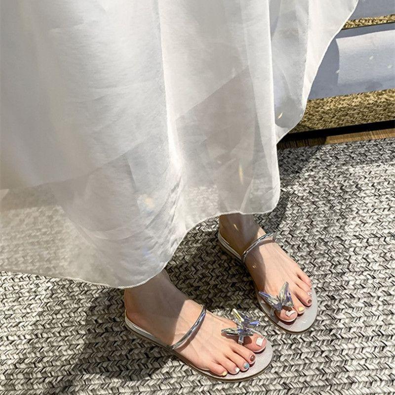 Butterfly sandals female flat bottom 2025 summer new fairy student toe rhinestone round head cool slippers female outer wear