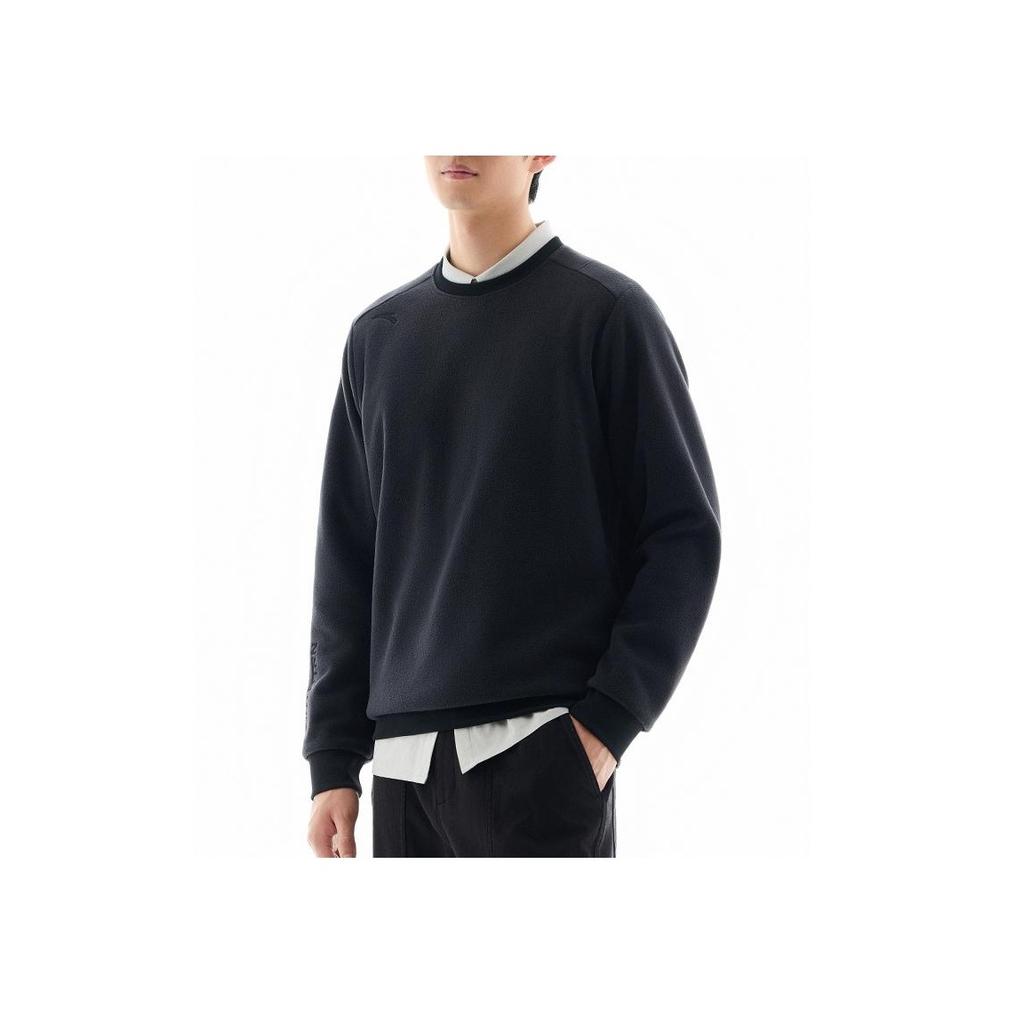 Anta Training Series Solid Color Round Neck Comfortable Breathable Versatile Casual Fleece Sweatshirt Men Sweatshirt Basic-Black 952447704-5