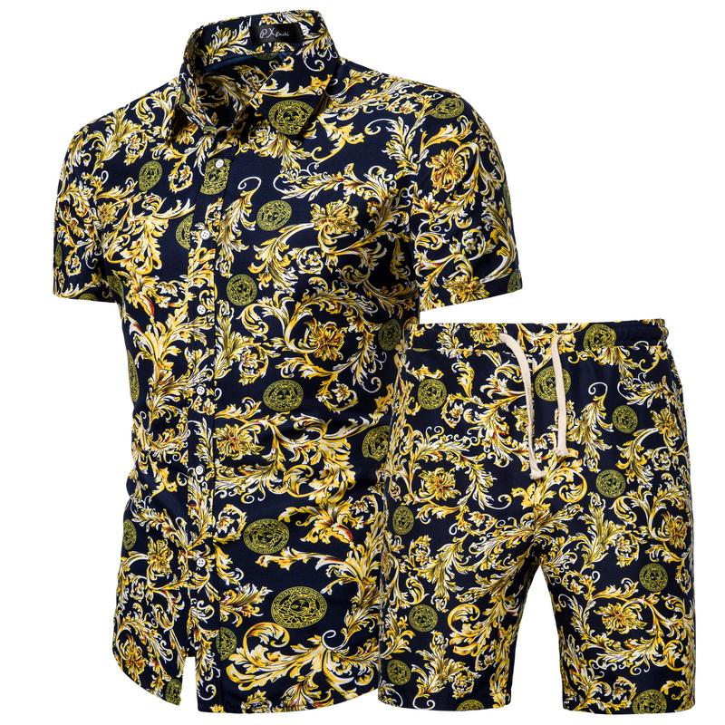 Men Sets Men Clothing Short Sleeve Shirt Shorts Set Floral Printed 2 Piece Set Summer Beach Wear Outfit for Men