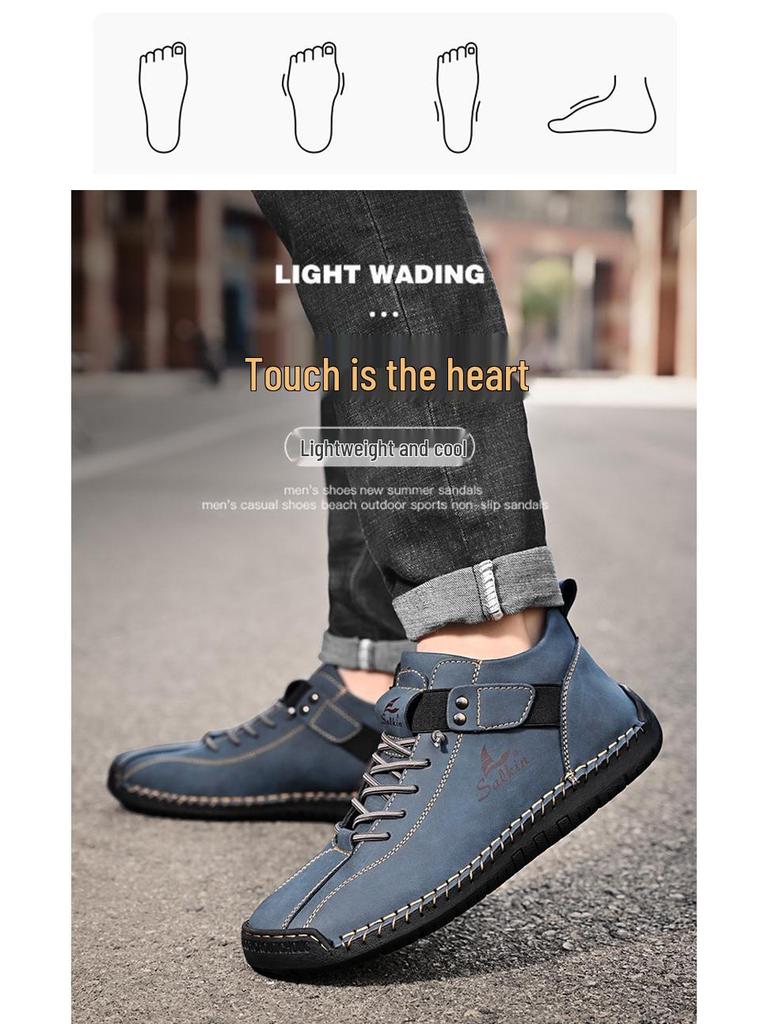 Pánské velké kožené nazouvací řidičské boty, ručně šité ležérní mokasíny s plochou podrážkou