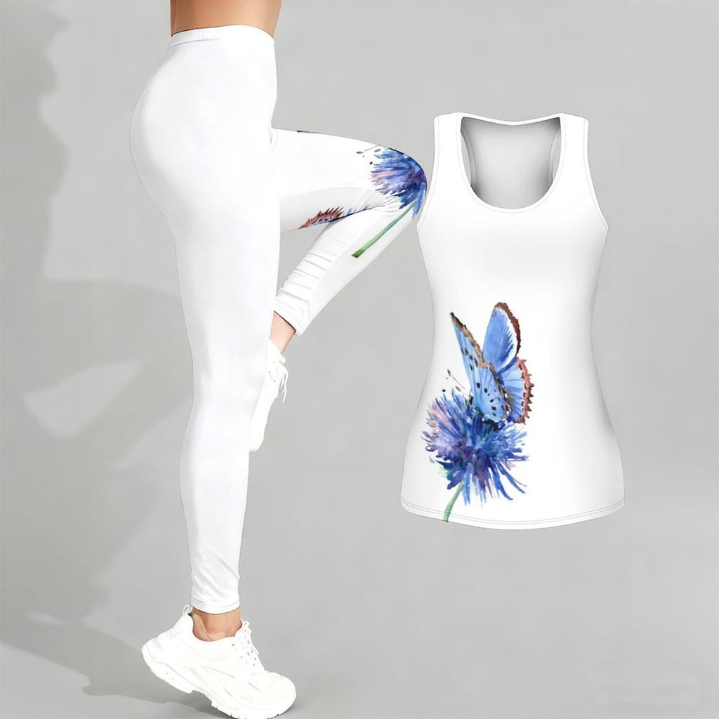 Completo Yoga con Stampa Farfalla per Donna Moda Leggings da Allenamento Fitness Sportivo Set Yoga Casual Tuta Sportiva