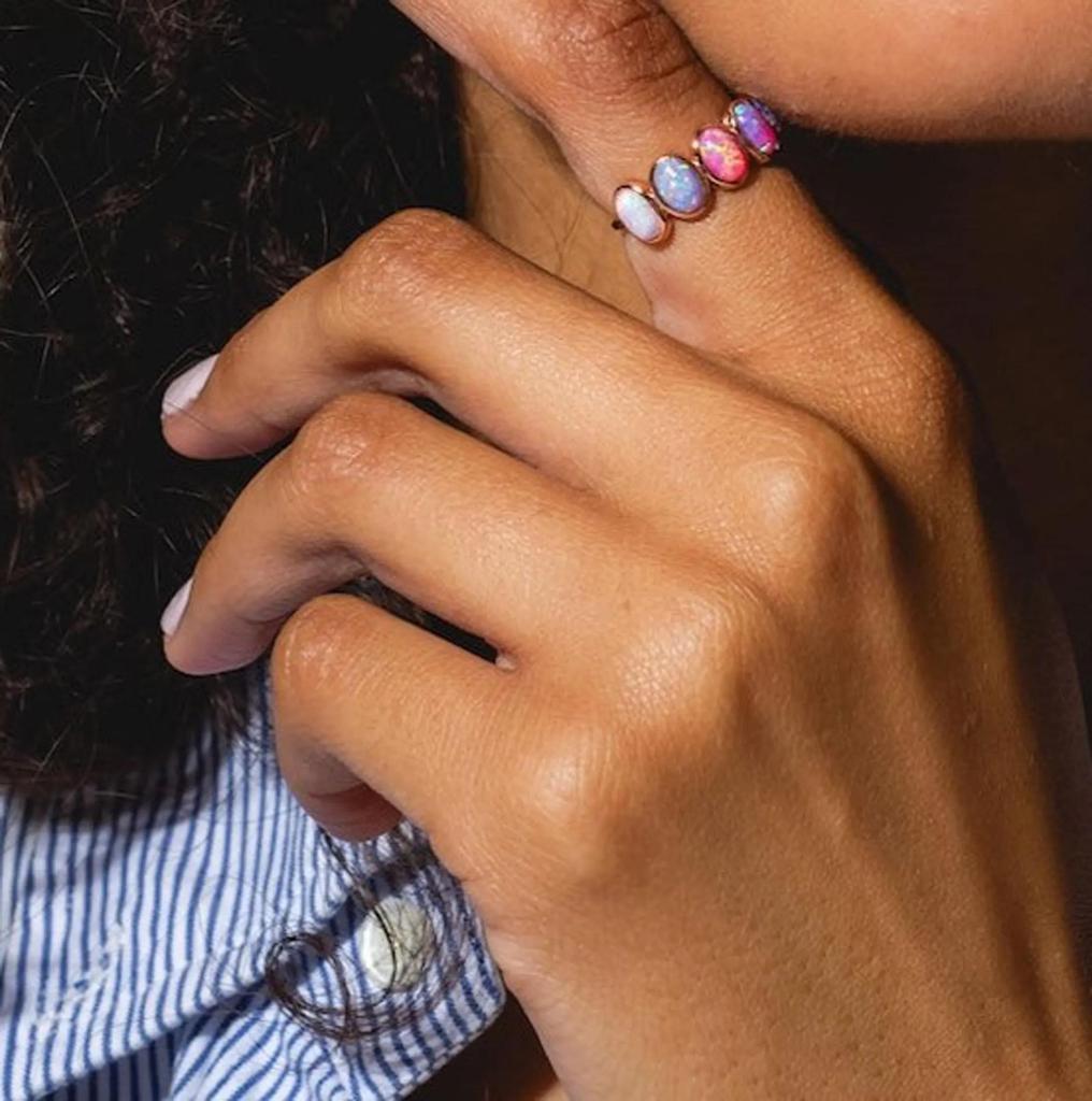 Oval Pink Opal Ring – Multi Fire Opal Engagement Ring, Gold Plated Dainty Jewelry, Promise Anniversary Gift for Women