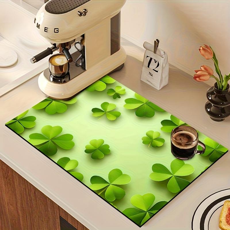 1Pcs Rubber Drying Mat With Green Clover  Pattern For Coffee Shop Restaurant Kitchen Carpet Tableware Durable Diatom Mud Table Mat Pet Mat Coffeeware