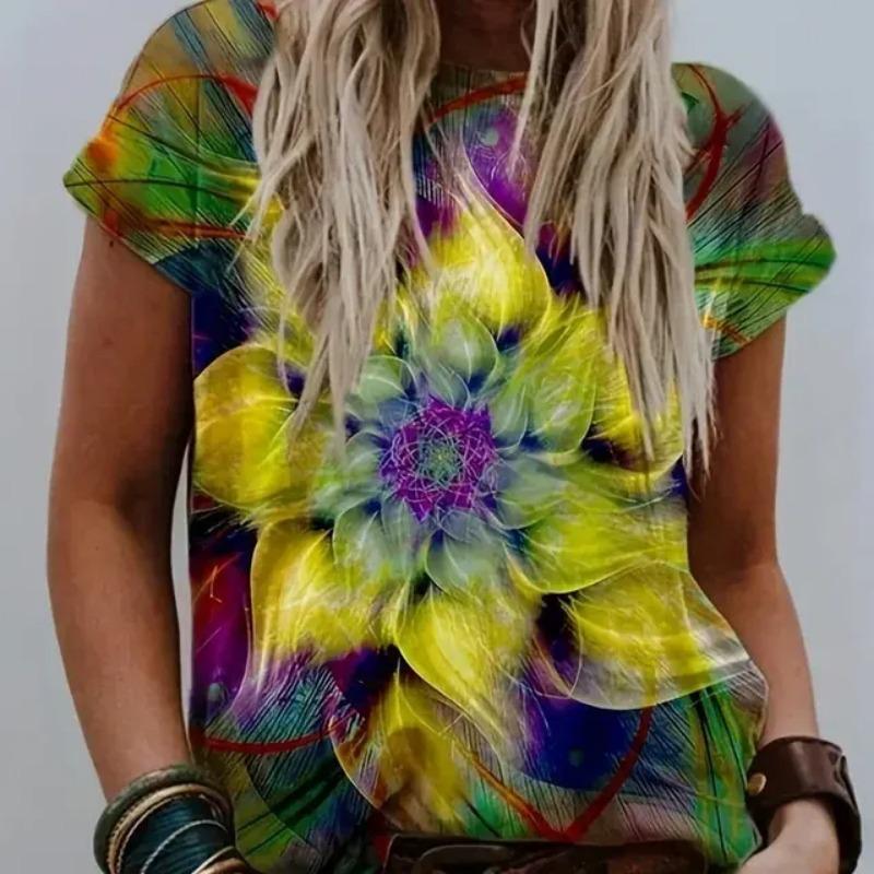 2024 Damen-T-Shirt mit Farbblock-Print, lässig, Rundhalsausschnitt, kurzärmliges Oberteil aus Strickstoff, übergroßes Damenkleid