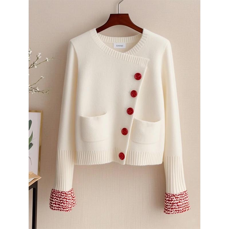 Women's 2025 High-End Korean Style White Round Neck Knitted Cardigan Sweater