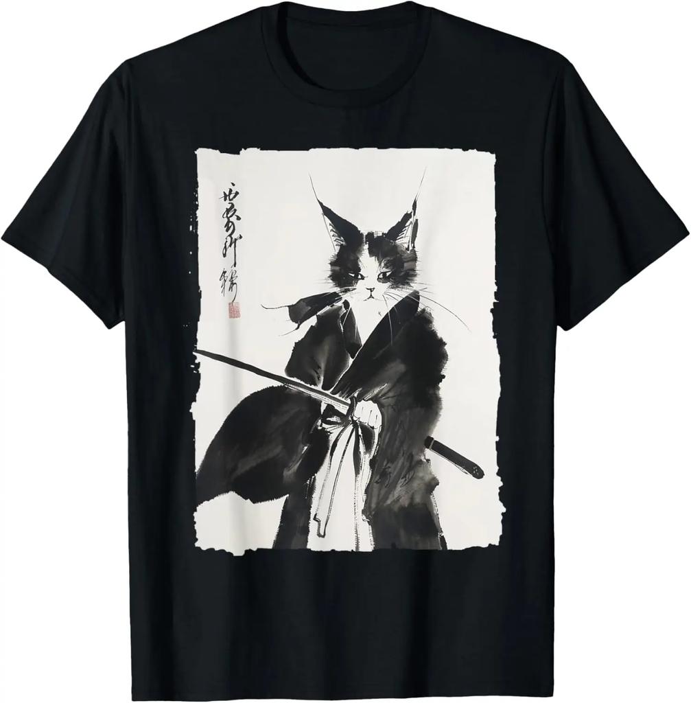 2025 Men's Summer Samurai Cat Art Pattern Harajuku T-shirt Y2k Comfortable and Loose Top