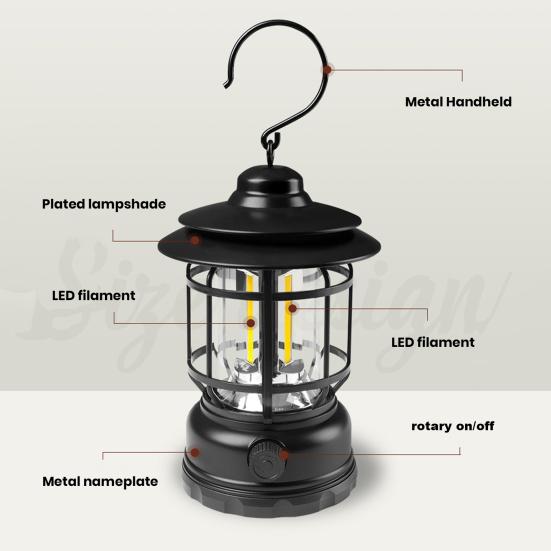 Retro Style LED Camping Lantern with Handle 20-200LM Dimmable Portable Tent Lamp Rechargeable Flashlight with High Capacity Battery Emergency